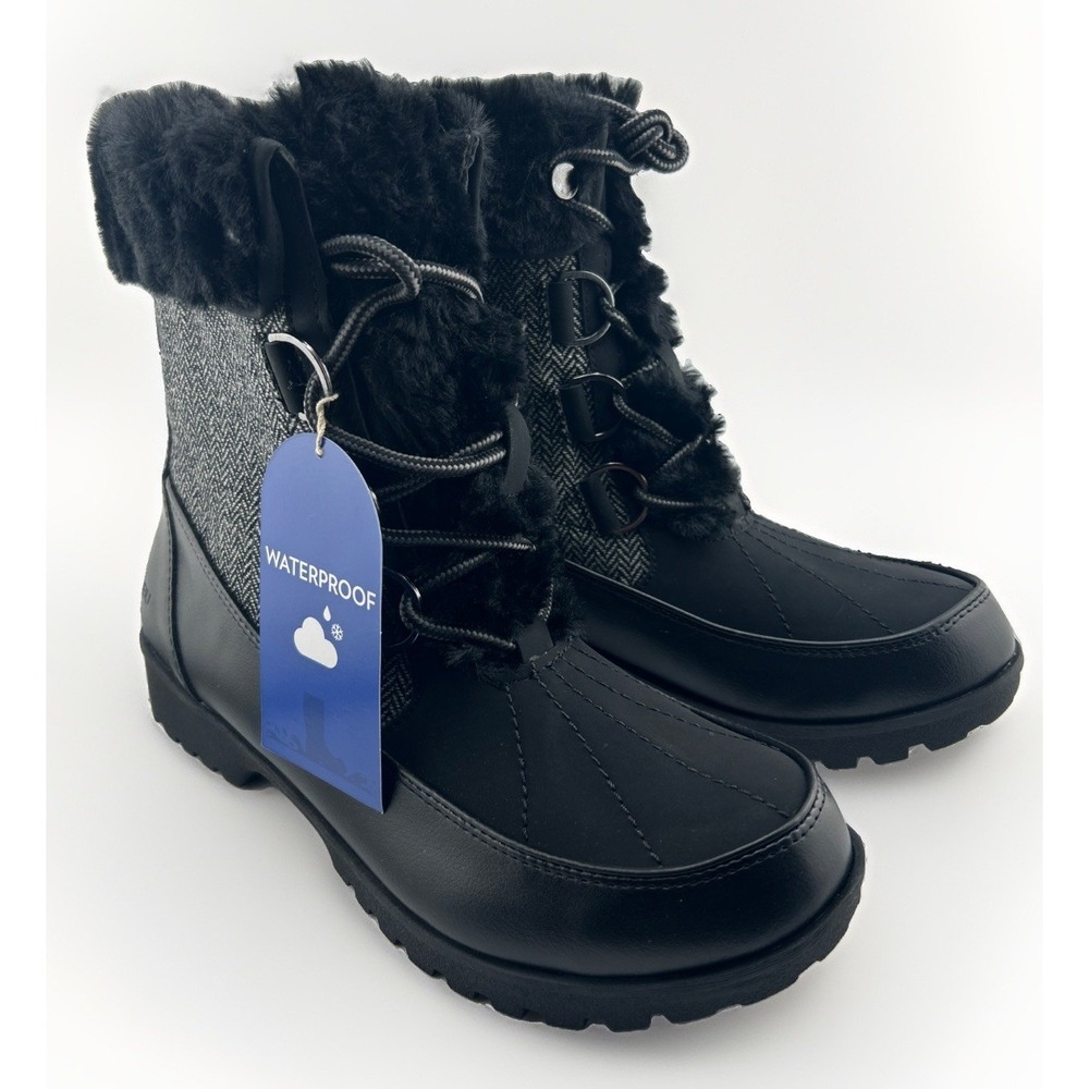 JBU Duck Boots Women 8.5 Black Grey Waterproof Herringbone Faux Fur Winter Snow